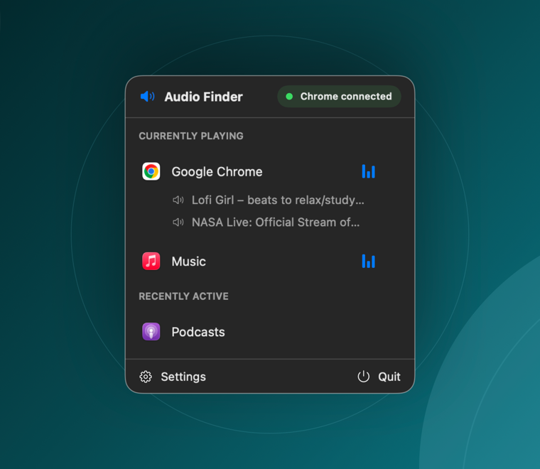 Audio Finder menu showing Google Chrome and Music playing audio, audible browser tabs, and a recently played podcast